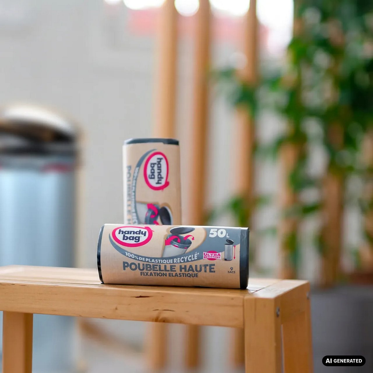 Rouleaux de sacs poubelle Handy Bag fixation élastique posés sur un tabouret en bois