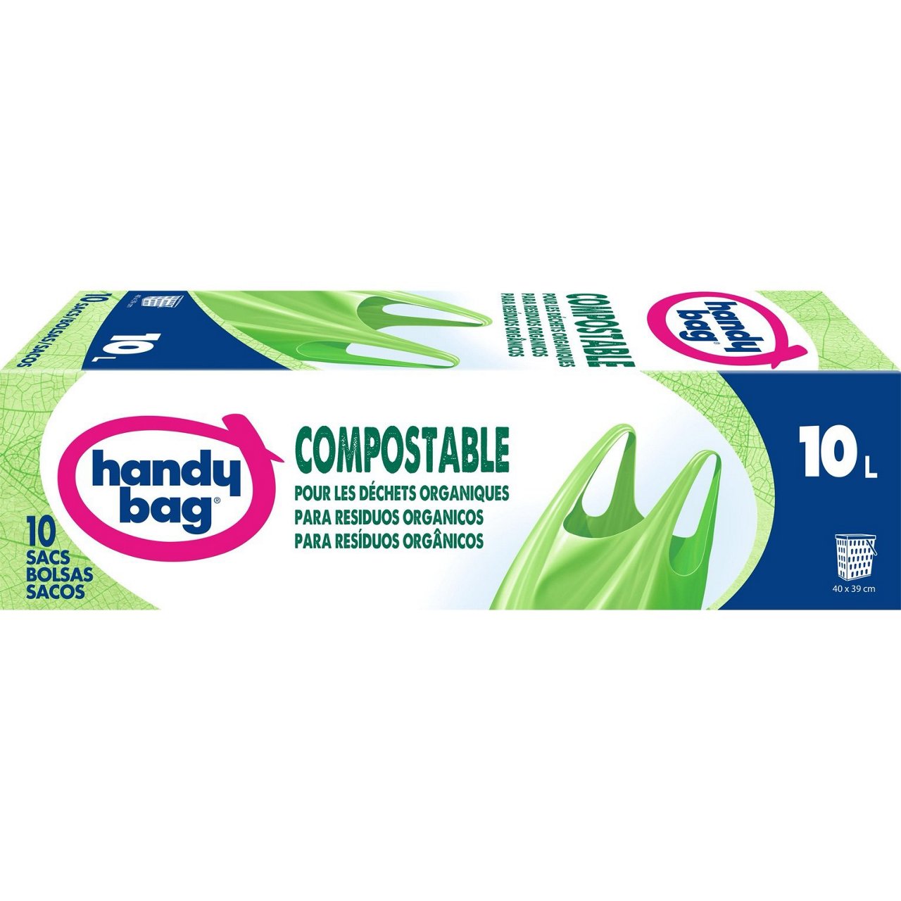 Boîte de sacs poubelle Handybag compostables 10 litres posée sur un plan de travail
