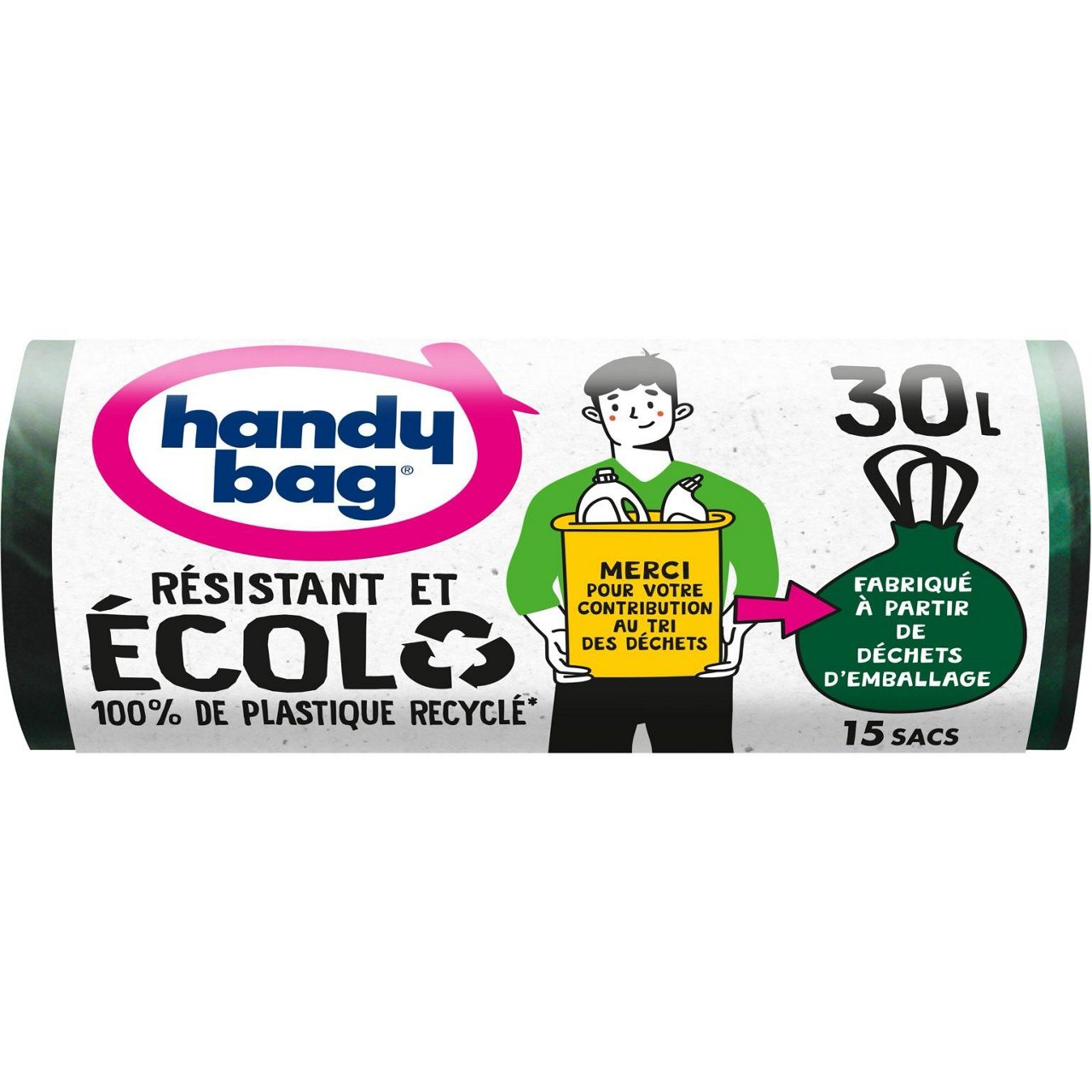 Sac poubelle Handybag écolo étiré pour démontrer solidité des poignées coulissantes