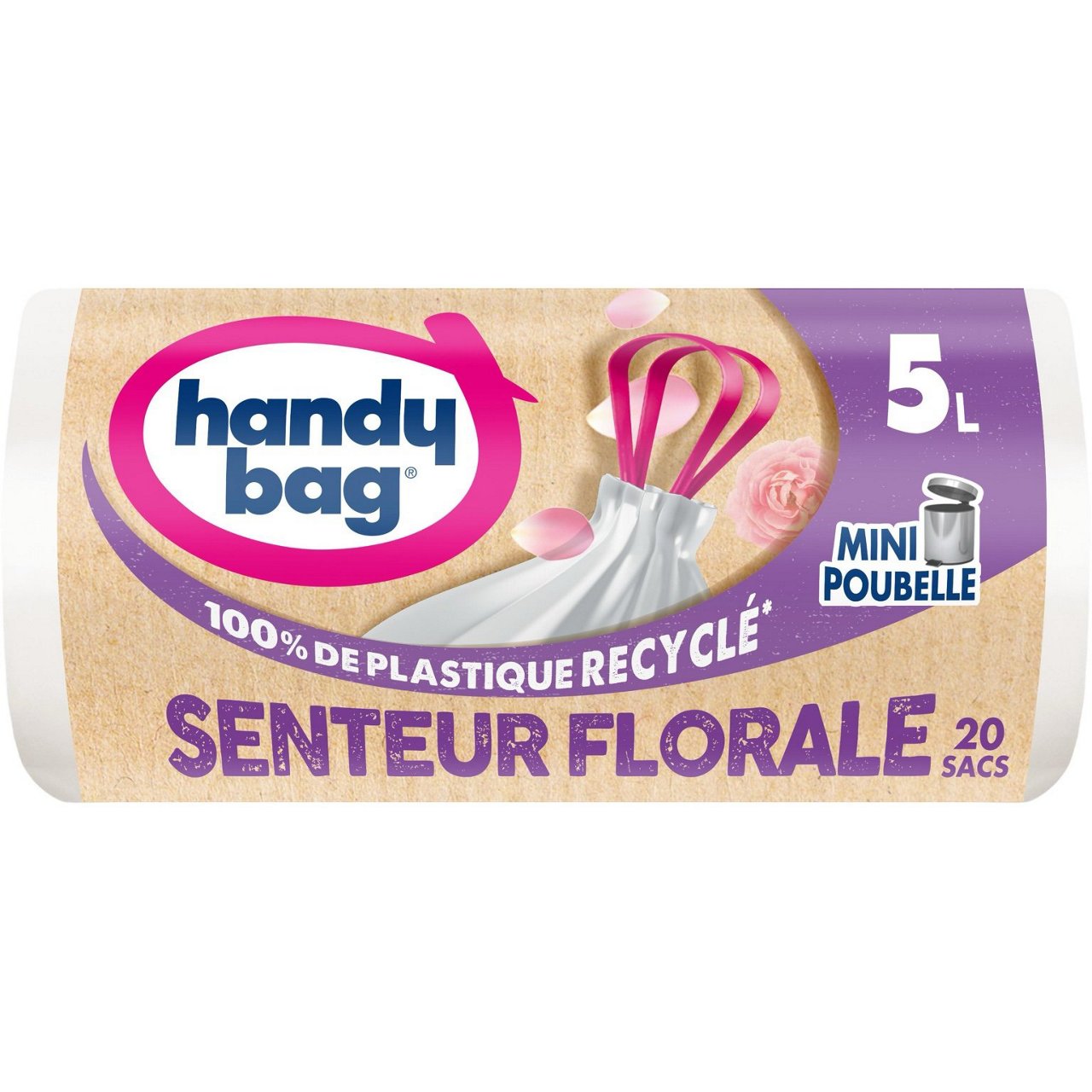Rouleau de sac poubelle Handybag senteur florale 5 litres sur un plan de travail clair