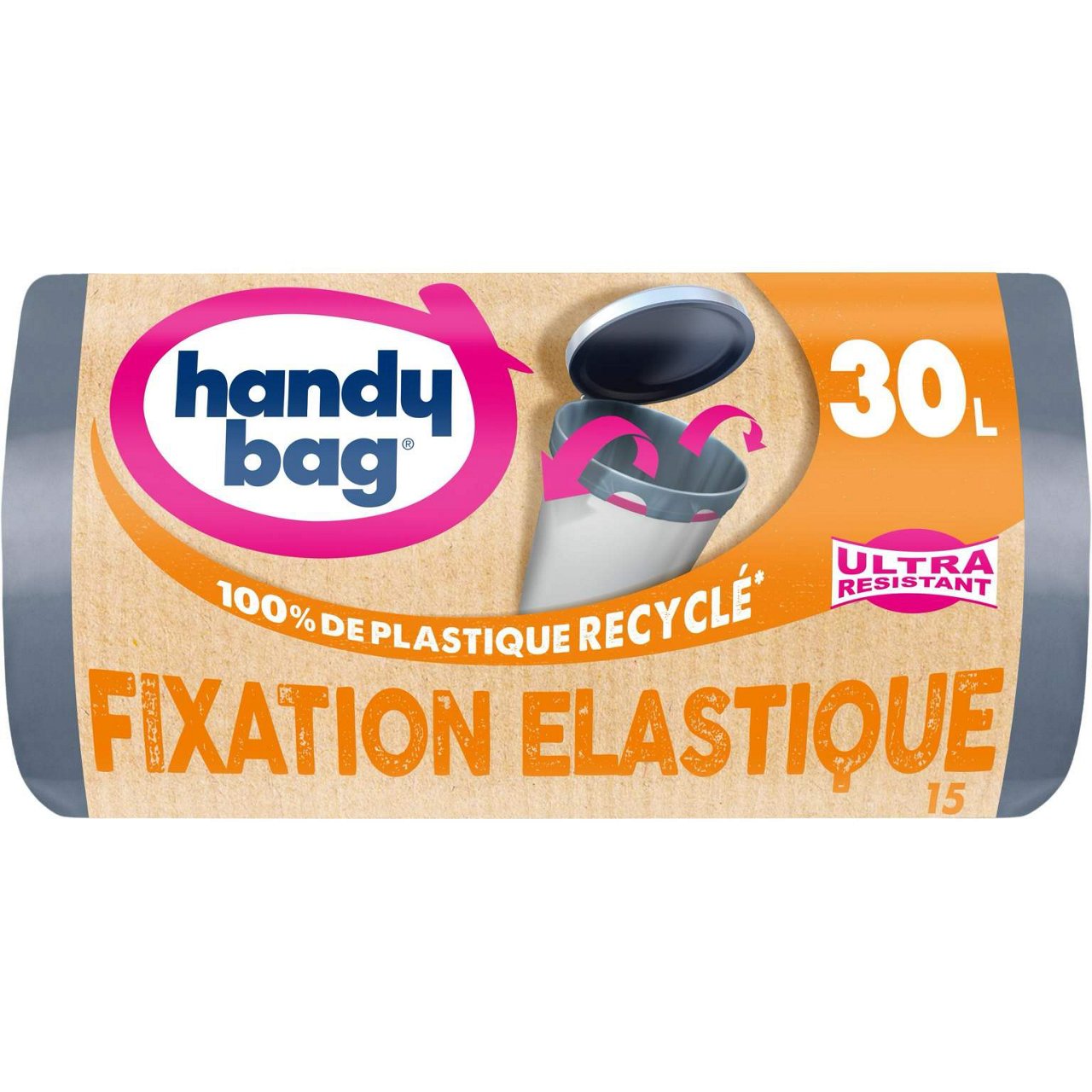 Sac poubelle Handybag fermé grâce aux poignées élastiques