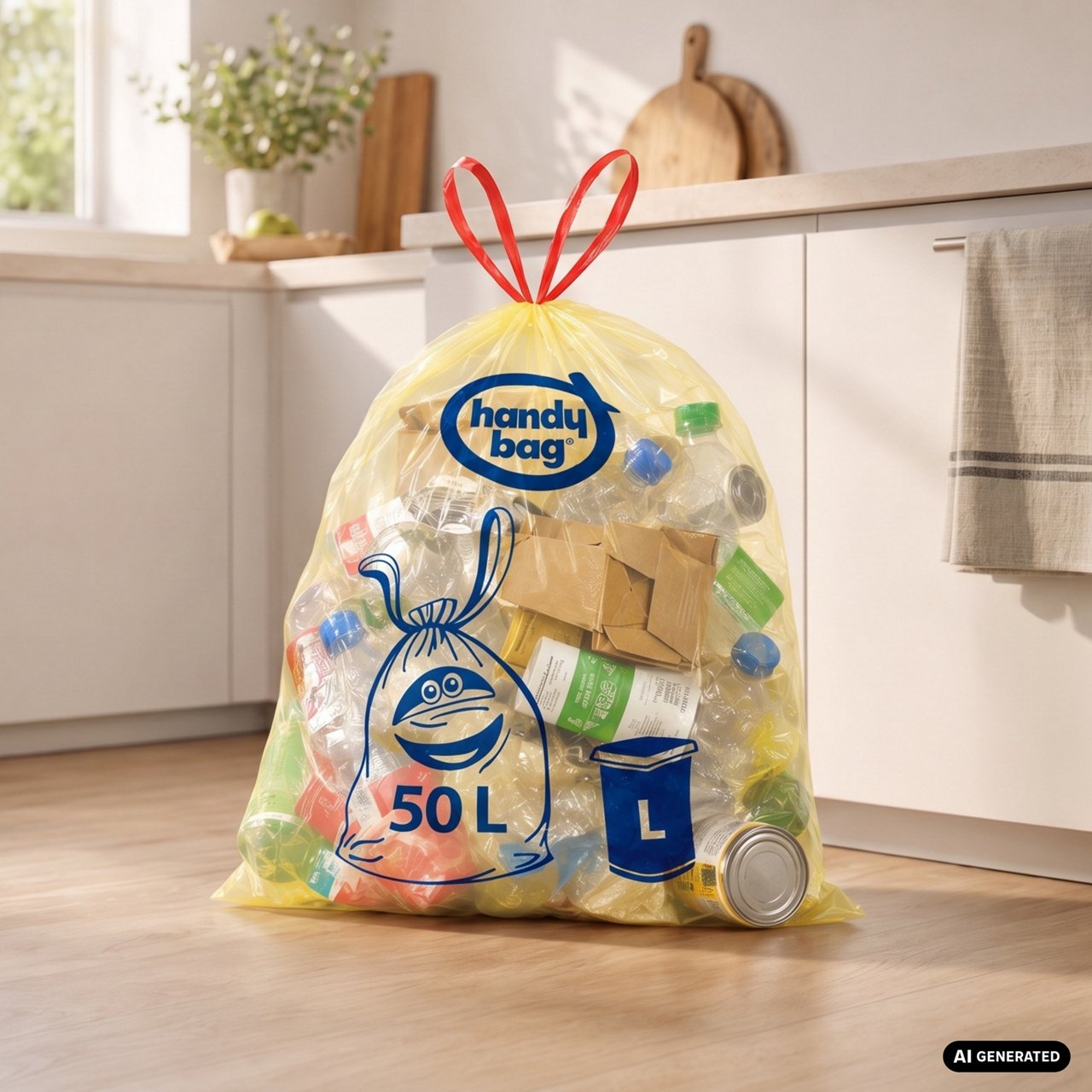 Sac de tri Handy Bag jaune 50 L rempli de bouteilles, cartons et canettes dans une cuisine