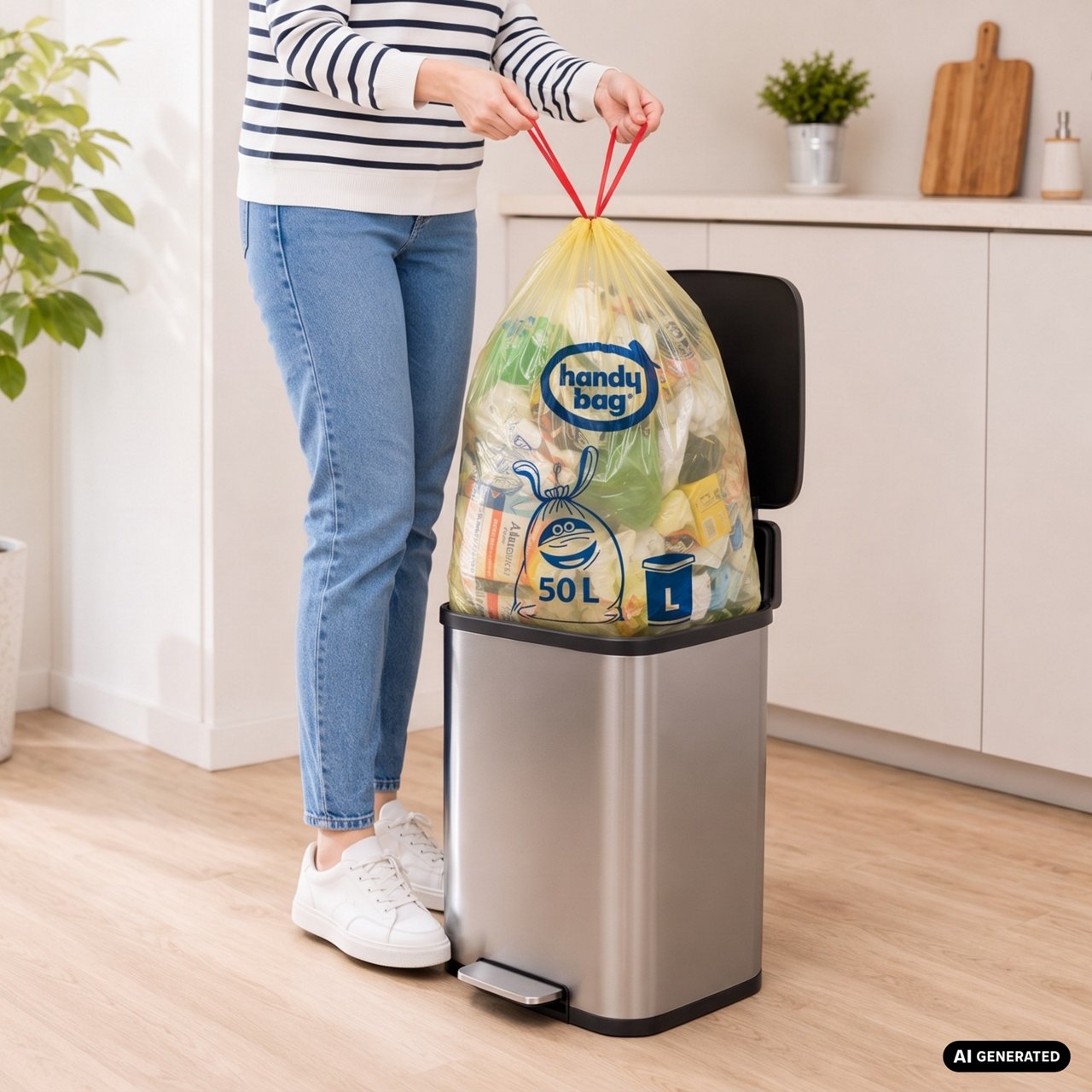 Personne retirant un sac de tri Handy Bag jaune 50 L rempli de déchets recyclables
