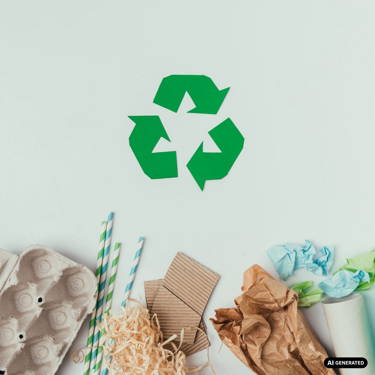 Symbole de recyclage entouré de carton, pailles en papier et déchets recyclables