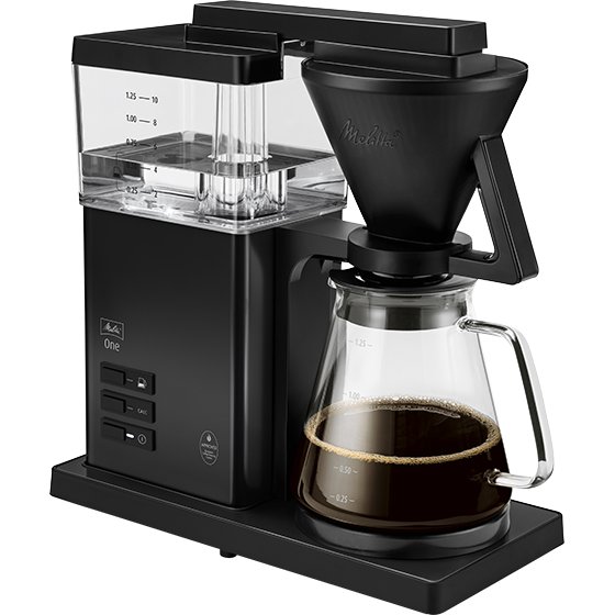 Melitta® One Filter Coffee Maker side view 6780186 product shot white background coffee mug filled with coffee