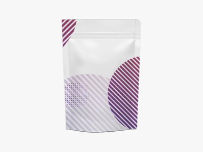 Stehbeutel mit Wiederverschluss, geometrisches Muster in Rosa- und Lilatönen auf weißem Grund