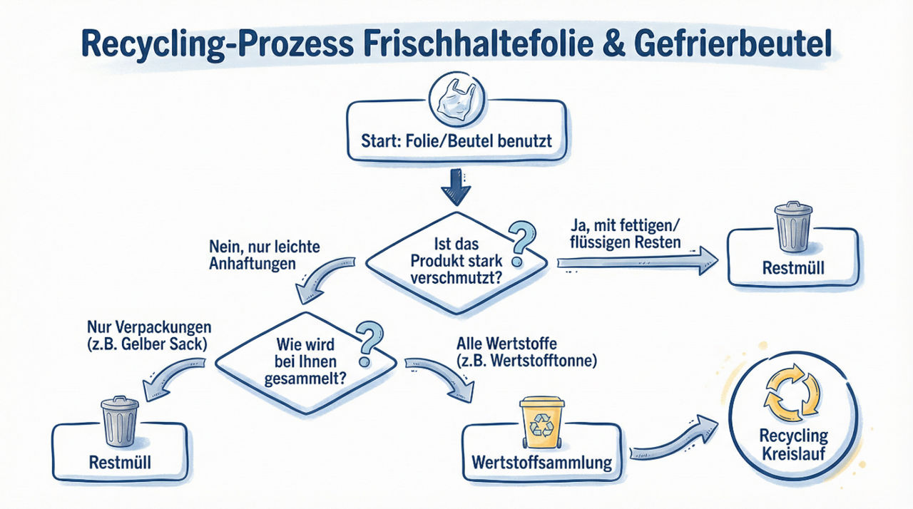 Infografik zum Recycling-Prozess von Frischhaltefolie und Gefrierbeuteln