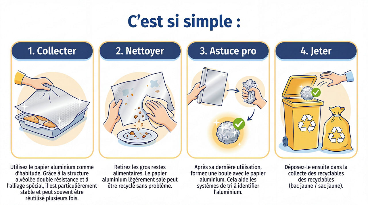 Infographie sur le recyclage du papier d'aluminium en quatre étapes 