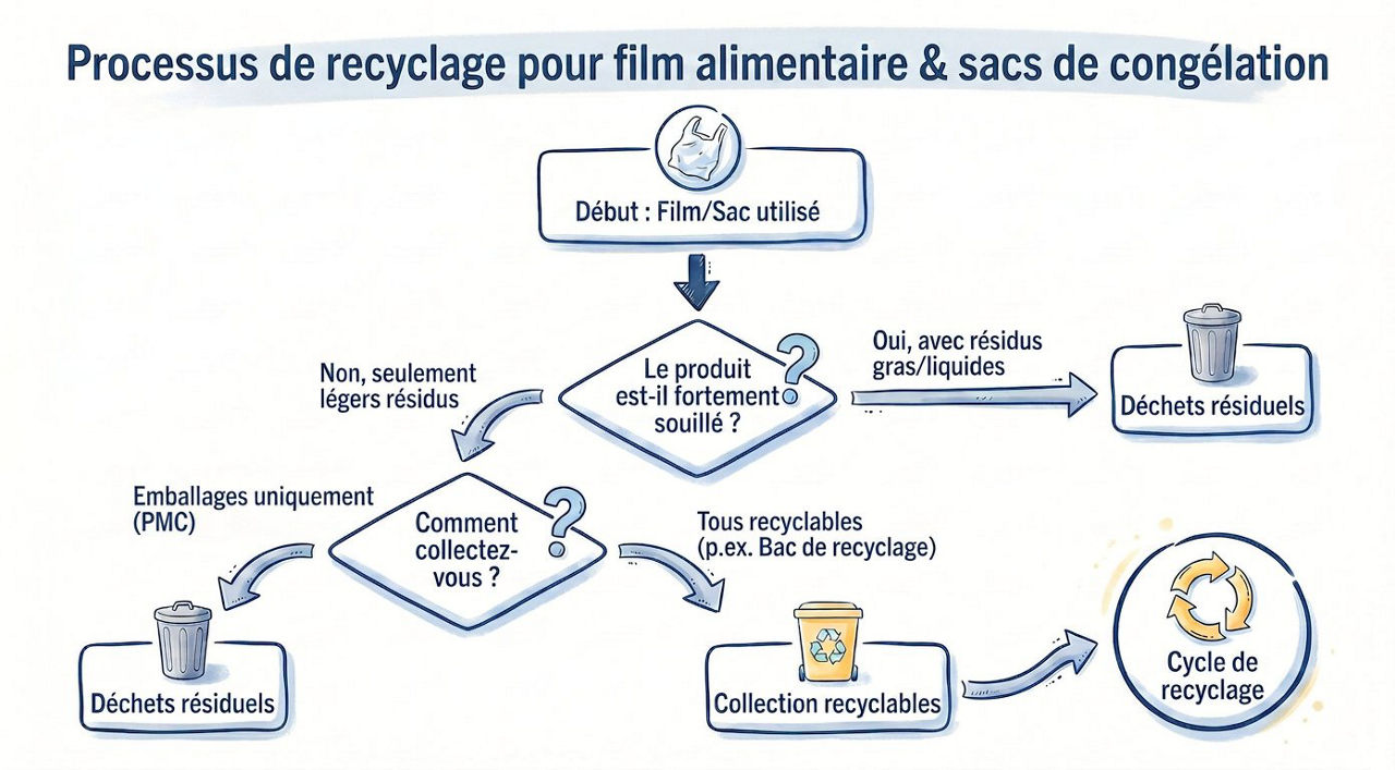 Infographie sur le processus de recyclage du film alimentaire et des sachets de congélation