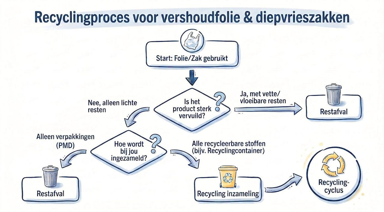 Infographic over het recyclingproces van vershoudfolie en diepvrieszakjes