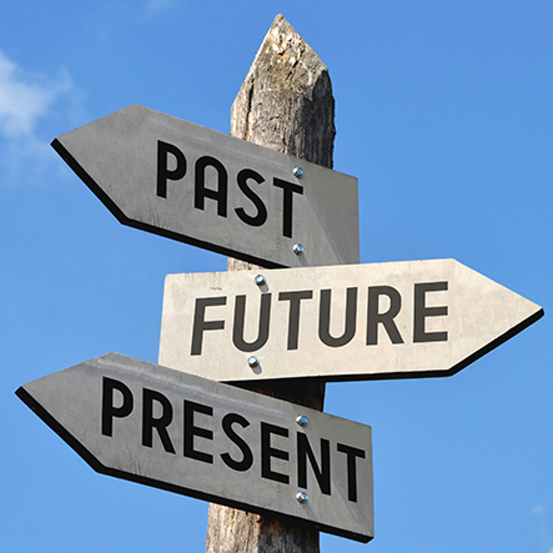 blauer Himmel, Future, Present, Past, Wegschild, Wolke