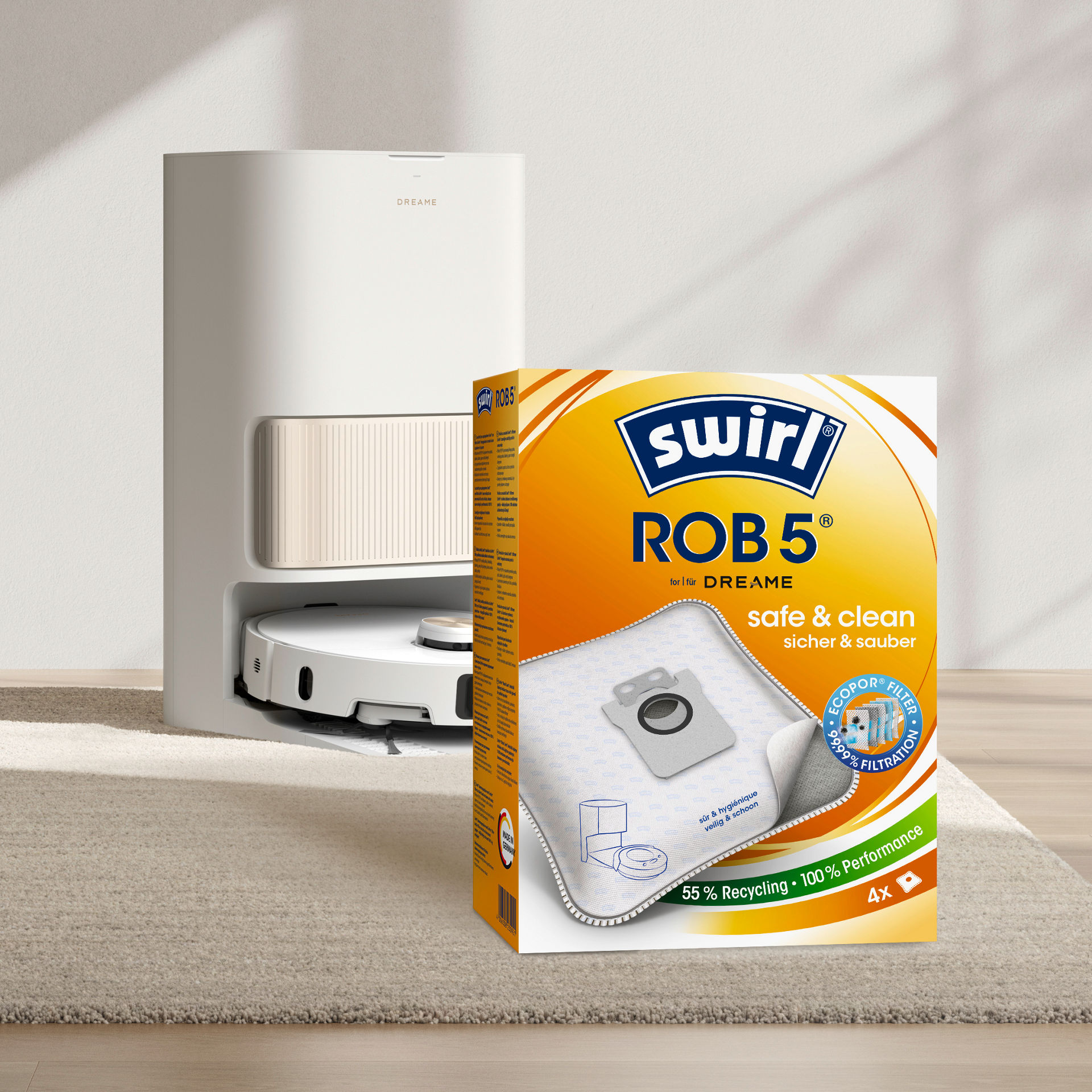 Dreame L40 Ultra Saugroboter und eine Packung Swirl EcoPor ROB 5 Beutel stehen in einem hellen Raum