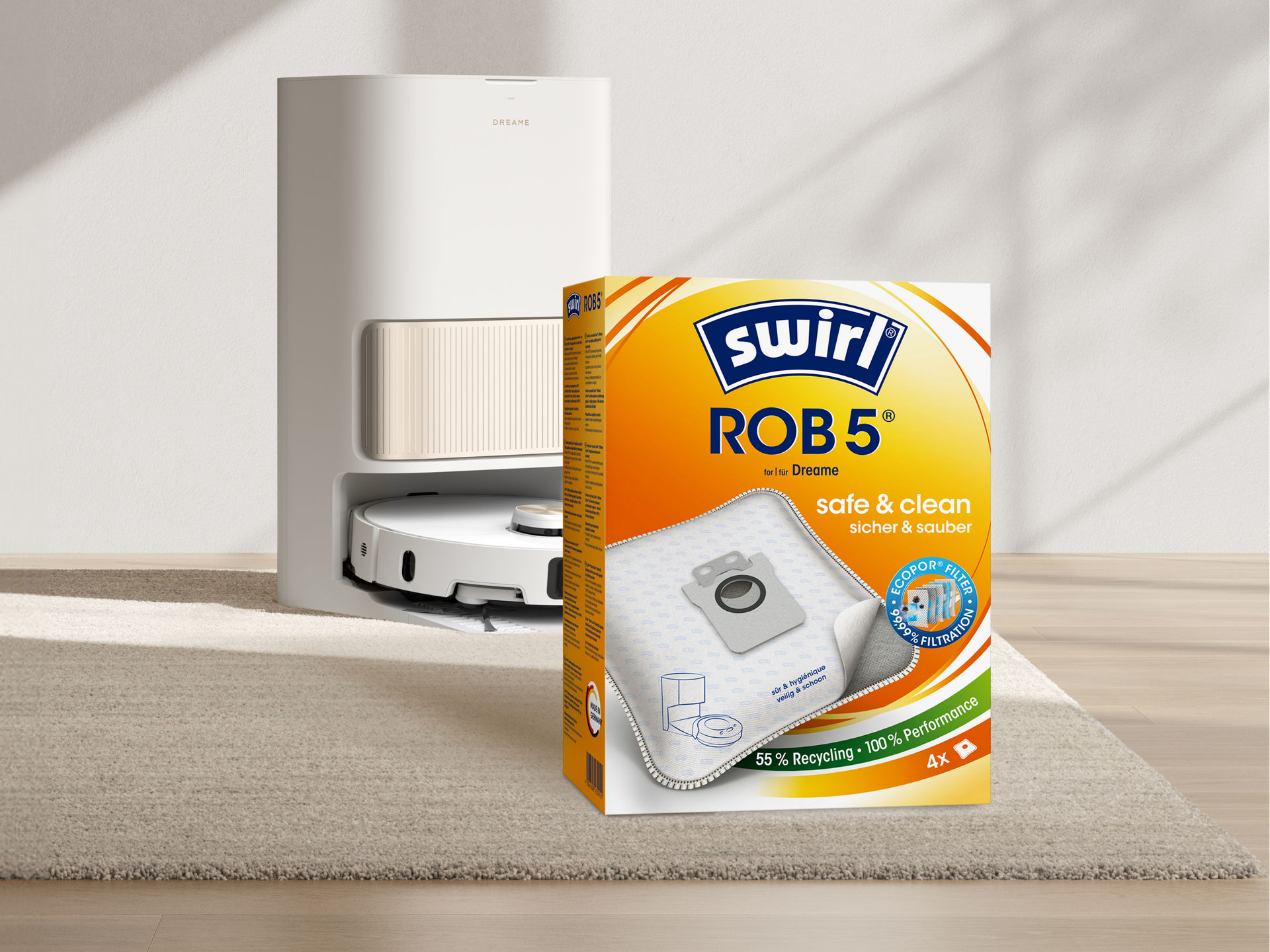 Dreame L40 Ultra Saugroboter und eine Packung Swirl EcoPor ROB 5 Beutel stehen in einem hellen Raum