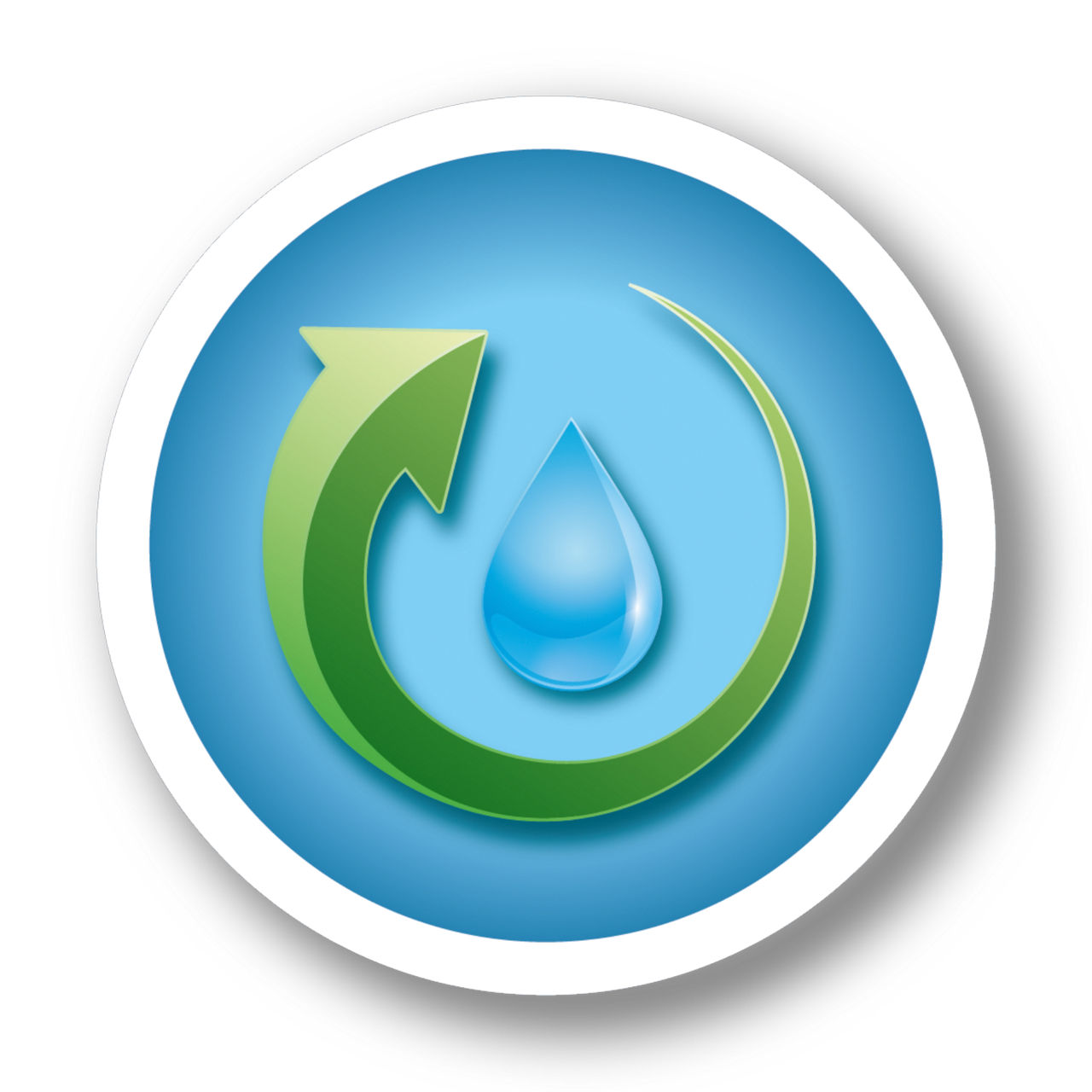 Auf einem blauen Hintergrund umrundet ein grüner kreisförmiger Pfeil einen blauen Tropfen