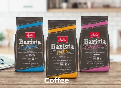 Melitta® coffee Coffee Bags next to each other on wooden table in kitchen