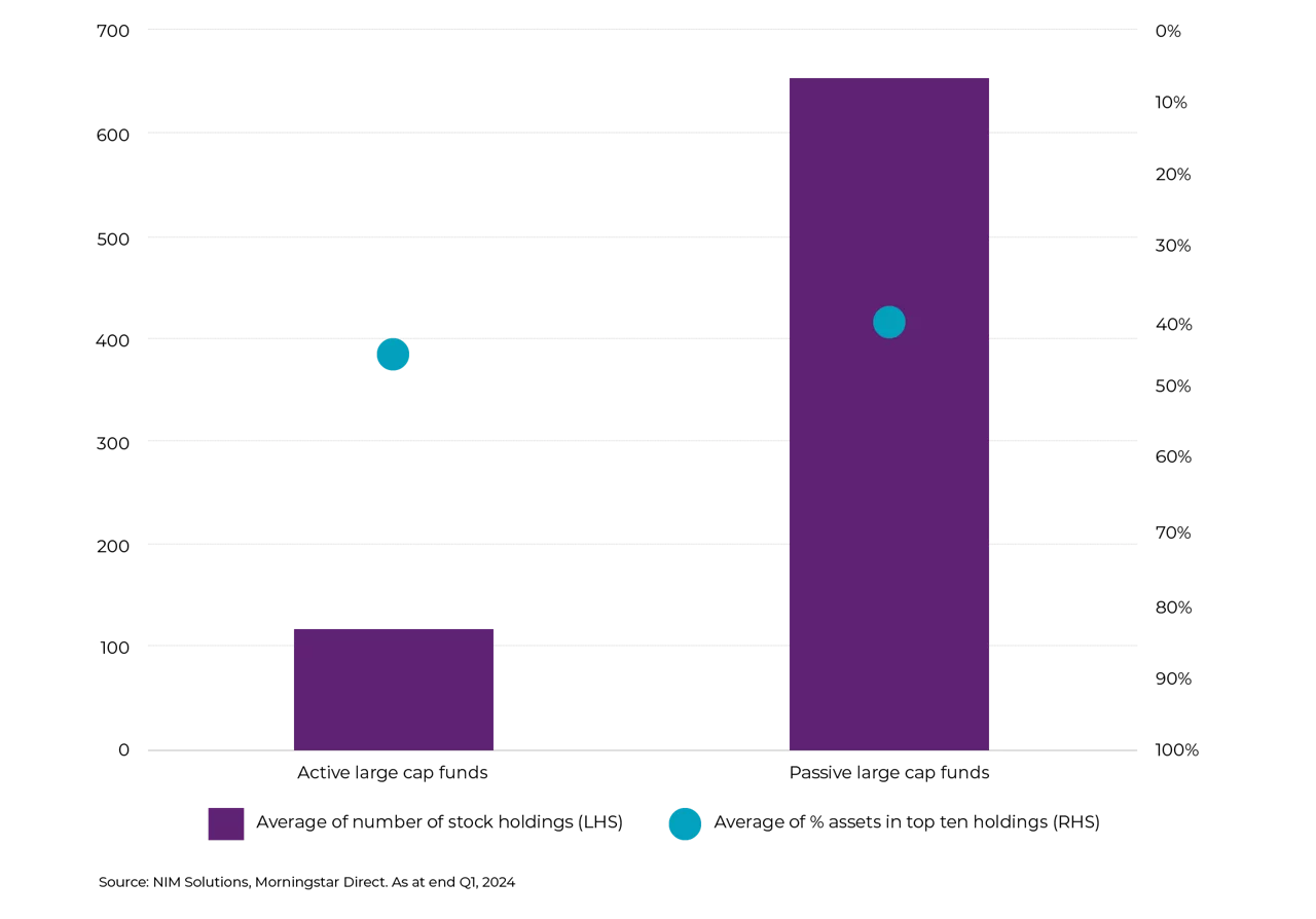 Despite a much higher number of holdings, passive funds display similar concentration levels to active funds