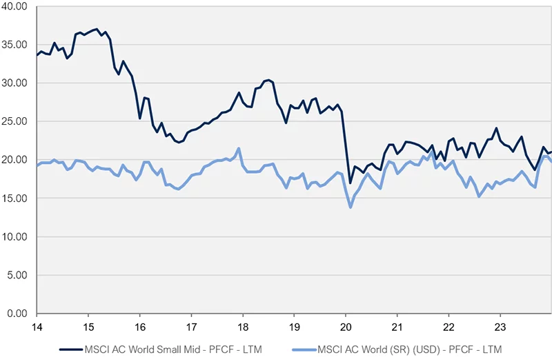 premium valuation that Global SMIDs have historically shown vs large caps is no longer present.