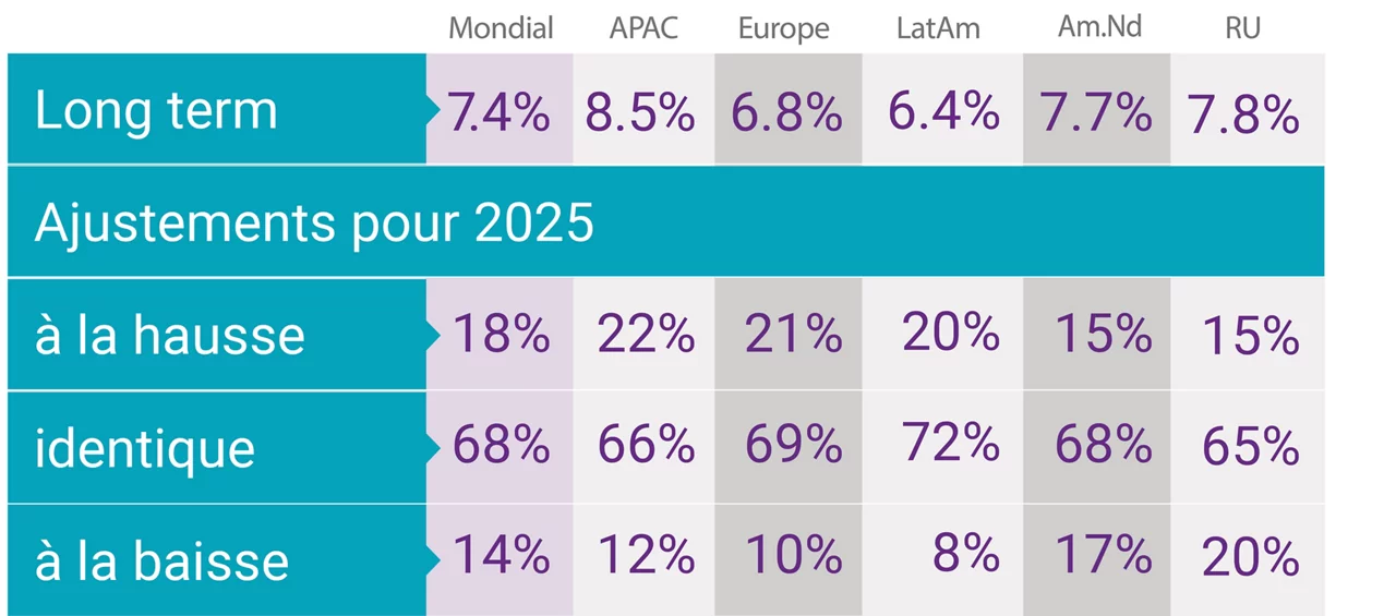 Graphic table showing how firms will adjust in 2025. Most will remain the same around the world.