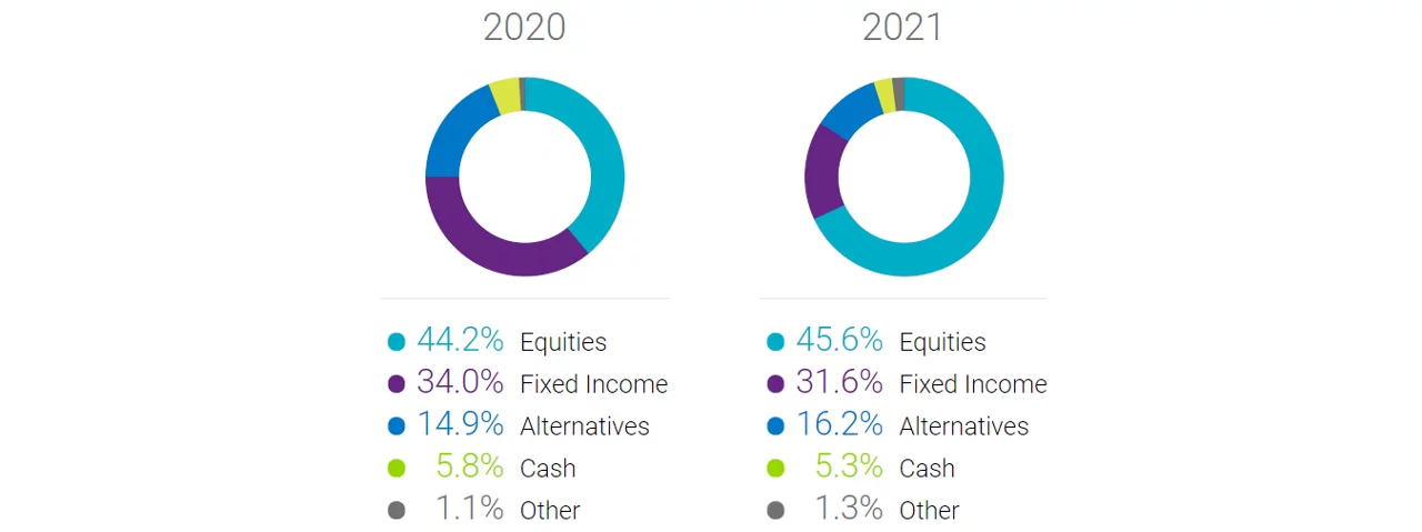 Subtle shift in portfolio allocations graphic. Two mini donut charts demoing allocation shifts between 2020 and 2021.
