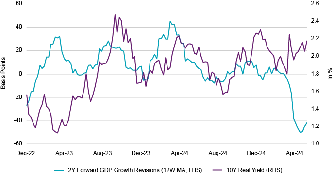 US GDP Growth Revisions vs 10Y Real Yield