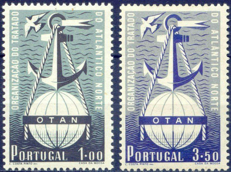 1952 Portuguese NATO stamps showing a dove, an anchor and a globe