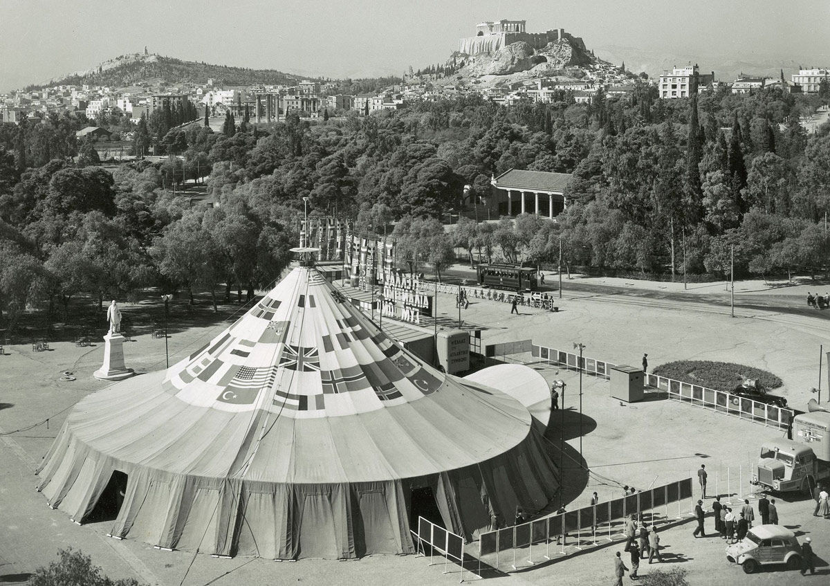 The NATO caravan – a mobile exhibition that travelled across Europe – sits in Athens with the Parthenon in the distance. 
