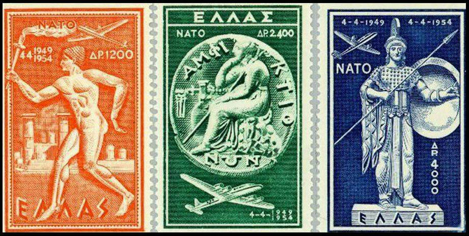 1954 Greek NATO stamps, depicting an Olympic torchbearer (left), a coin from Ancient Greece (centre) and a statue of the goddess Athena (right)