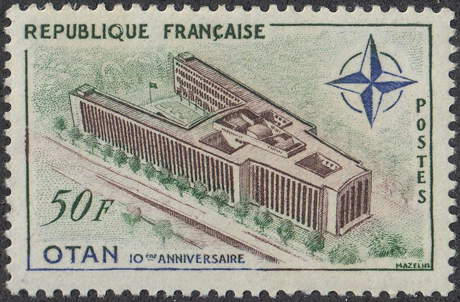 1959 French NATO stamp depicting the Alliance's Headquarters in Paris, which opened that year