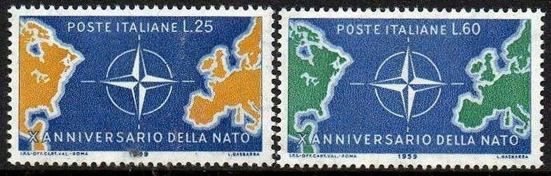 1959 Italian NATO stamp, showing the NATO logo over the Atlantic Ocean between Europe and North America