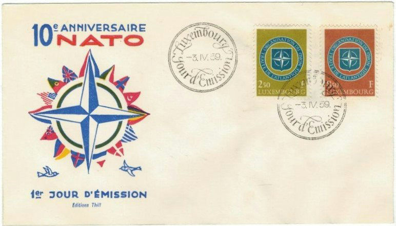 1959 Benelux NATO stamp, which has a simple design featuring the NATO logo