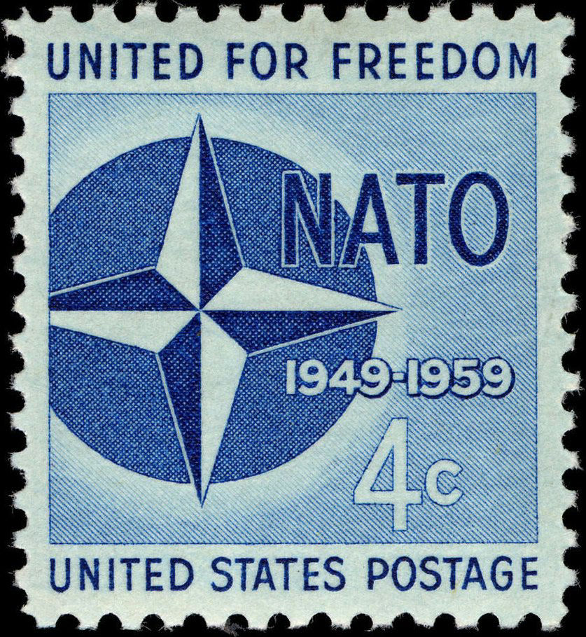 1959 American NATO stamp, depicting the NATO logo in blue and the phrase "United for freedom"
