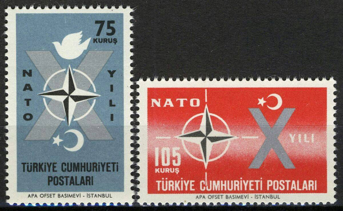 1962 Turkish NATO stamp, showing a large X to represent the 10th anniversary in Roman numerals, a dove representing peace, the Turkish star and crescent, and the NATO compass.