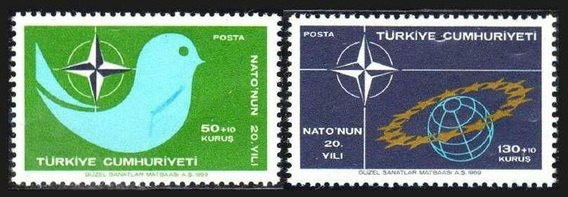 1969 Turkish NATO stamps, showing a dove and 15 stars circling the globe