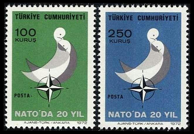 1972 Turkish NATO stamp, depicting two doves that resemble the Turkish crescent, a percussion instrument traditionally used by military bands