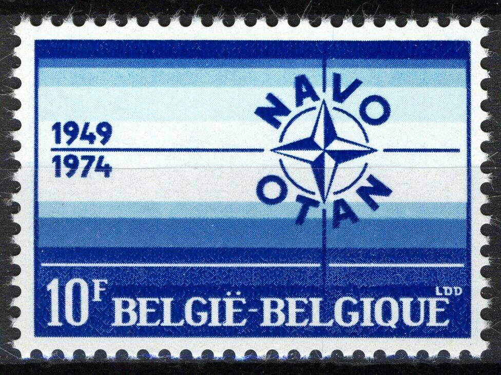 1974 Belgian NATO stamp, a design with blue lines in various shades and the NATO logo