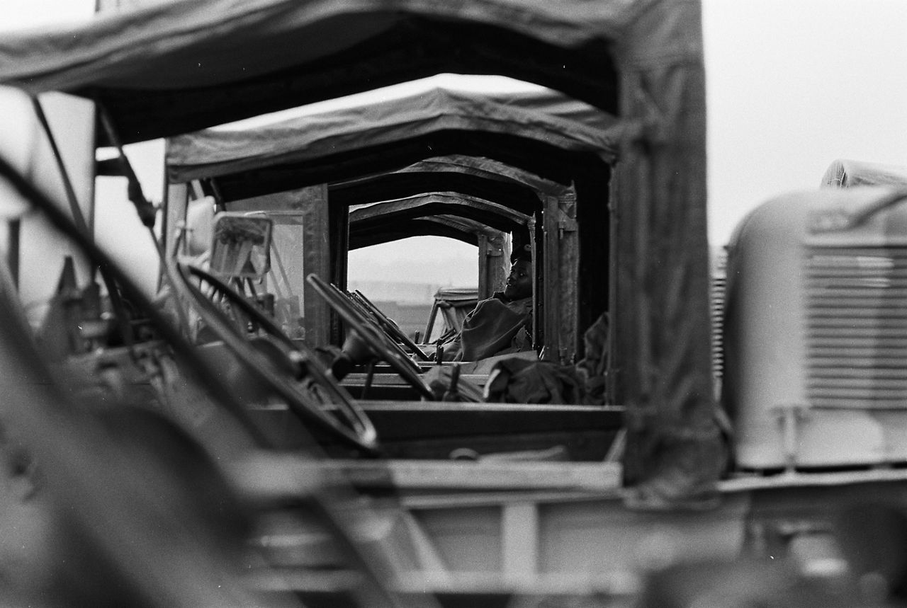 A soldier is caught taking a nap in a truck during artillery training in Belgium, May 1974.