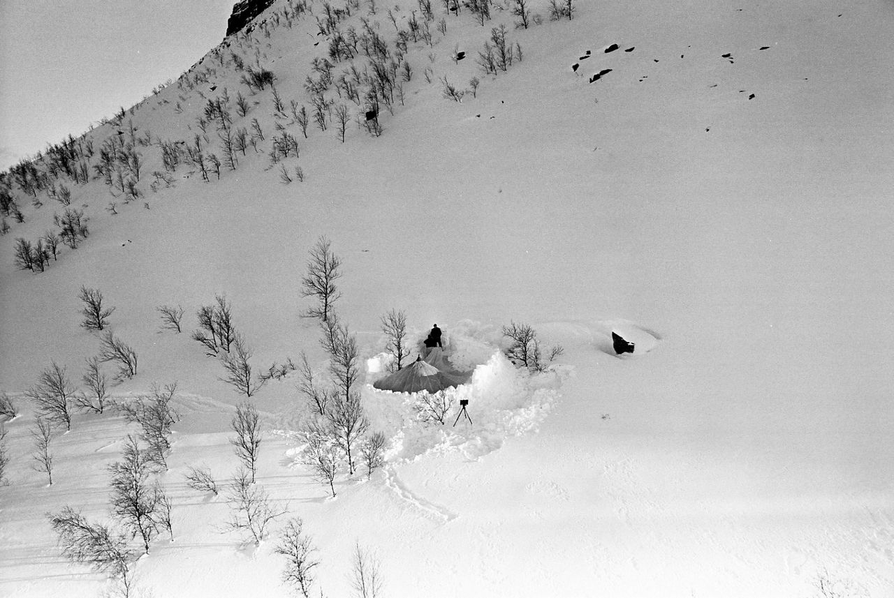 Soldiers stand outside their tent during exercise Arctic Express in Norway in March 1978.
