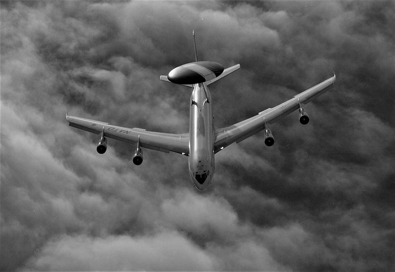 One of NATO’s Airborne Warning and Control System (AWACS) planes flies above Allied territory. 