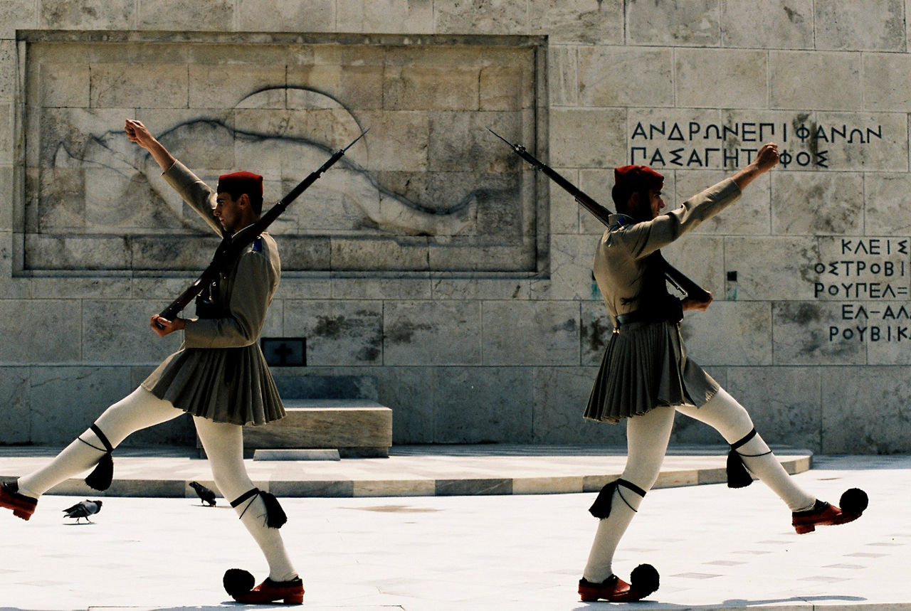 The changing of the guard at the Greek Parliament during a North Atlantic Council meeting in Athens.