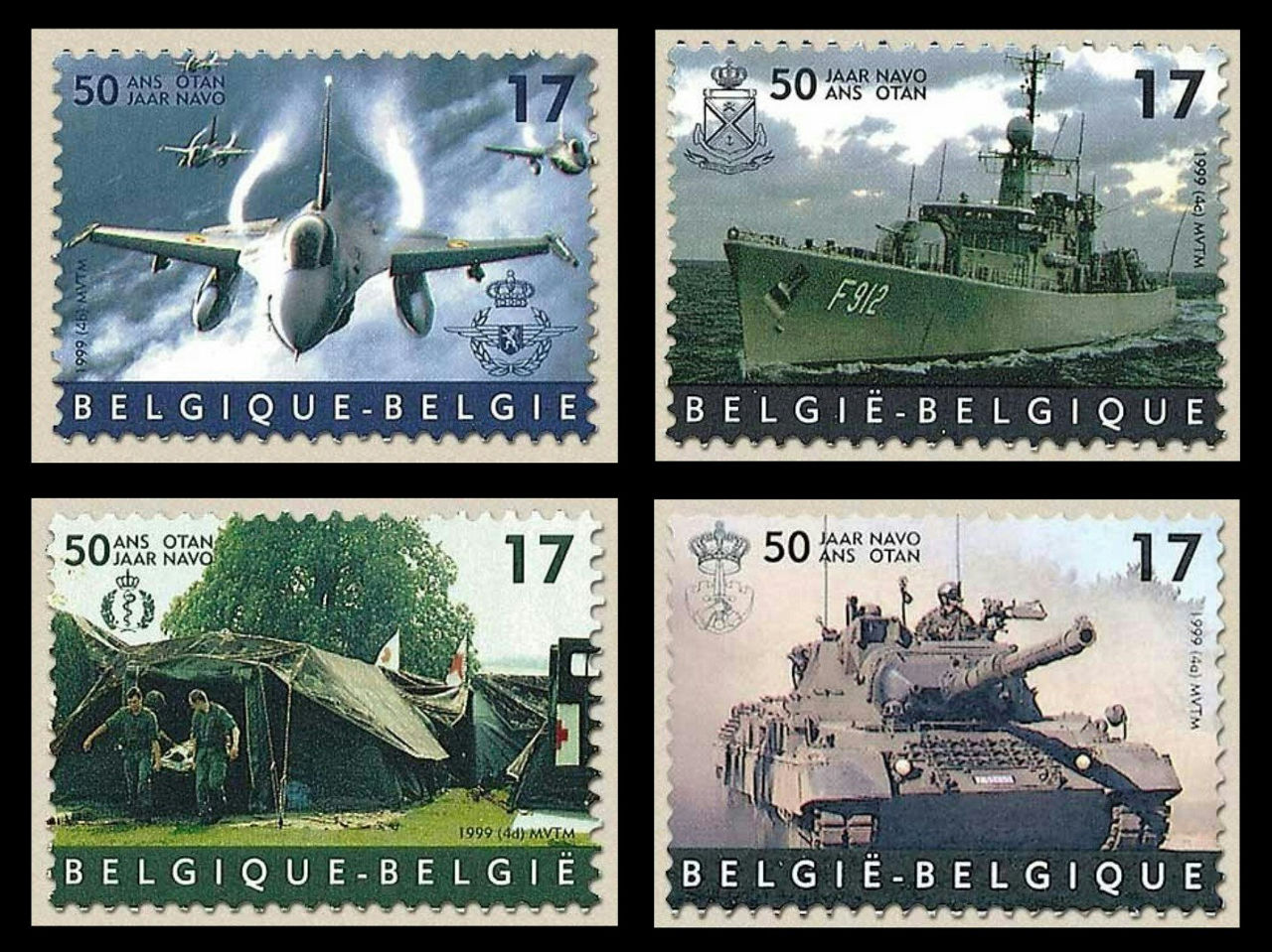 1999 Belgian NATO stamp, depicting a fighter jet, a ship, an army encampment and a tank