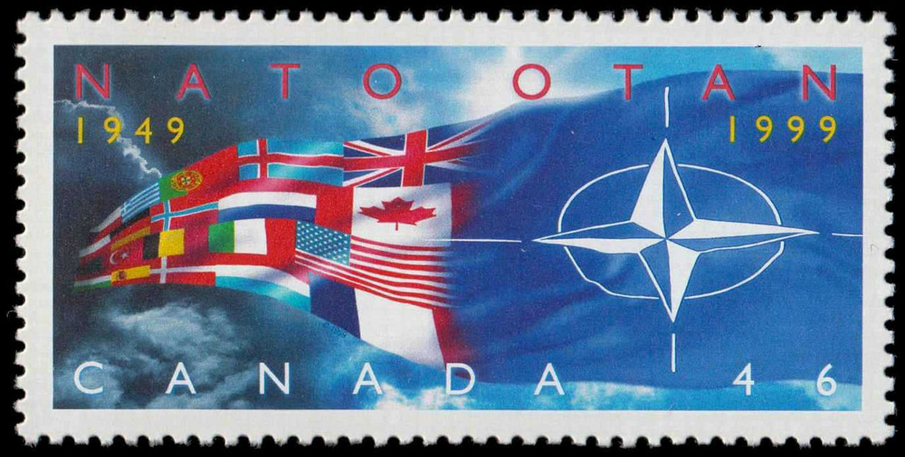 1999 Canadian NATO stamp, showing the NATO flag combined with Allied national flags