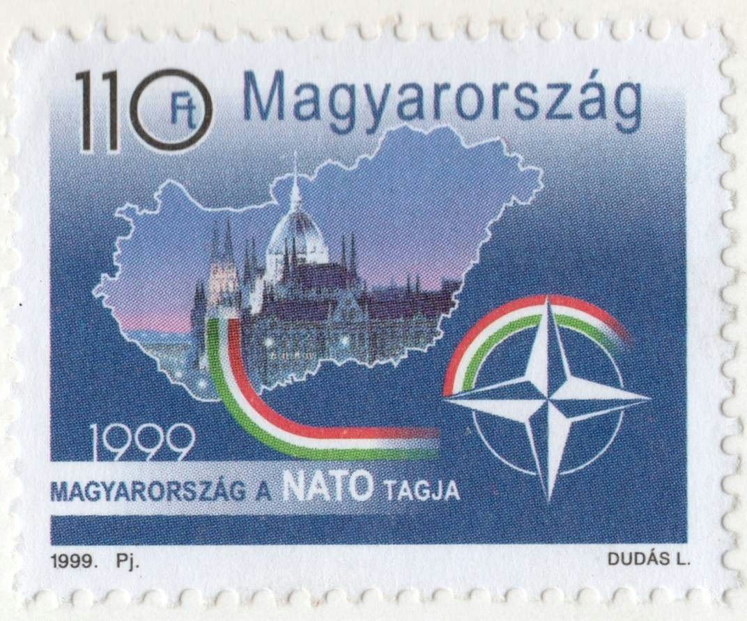 1999 Hungarian NATO stamp, depicting an outline of Hungary's borders surrounding the Hungarian Parliament Building in Budapest