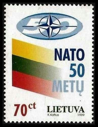 1999 Lithuanian NATO stamp, combining the Lithuanian flag and the NATO 50th anniversary logo