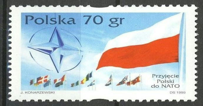 1999 Polish NATO stamp, showing the country's flag beside the NATO logo and other NATO member flags
