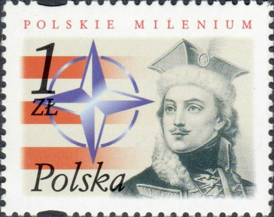 2001 Polish NATO stamp, showing the NATO logo, the red and white stripes of the American flag, and historical figure Casimir Pulaski