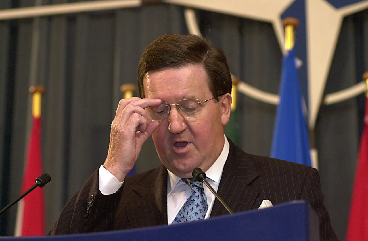 NATO Secretary General Lord Robertson at the press conference following the meeting of the North Atlantic Council