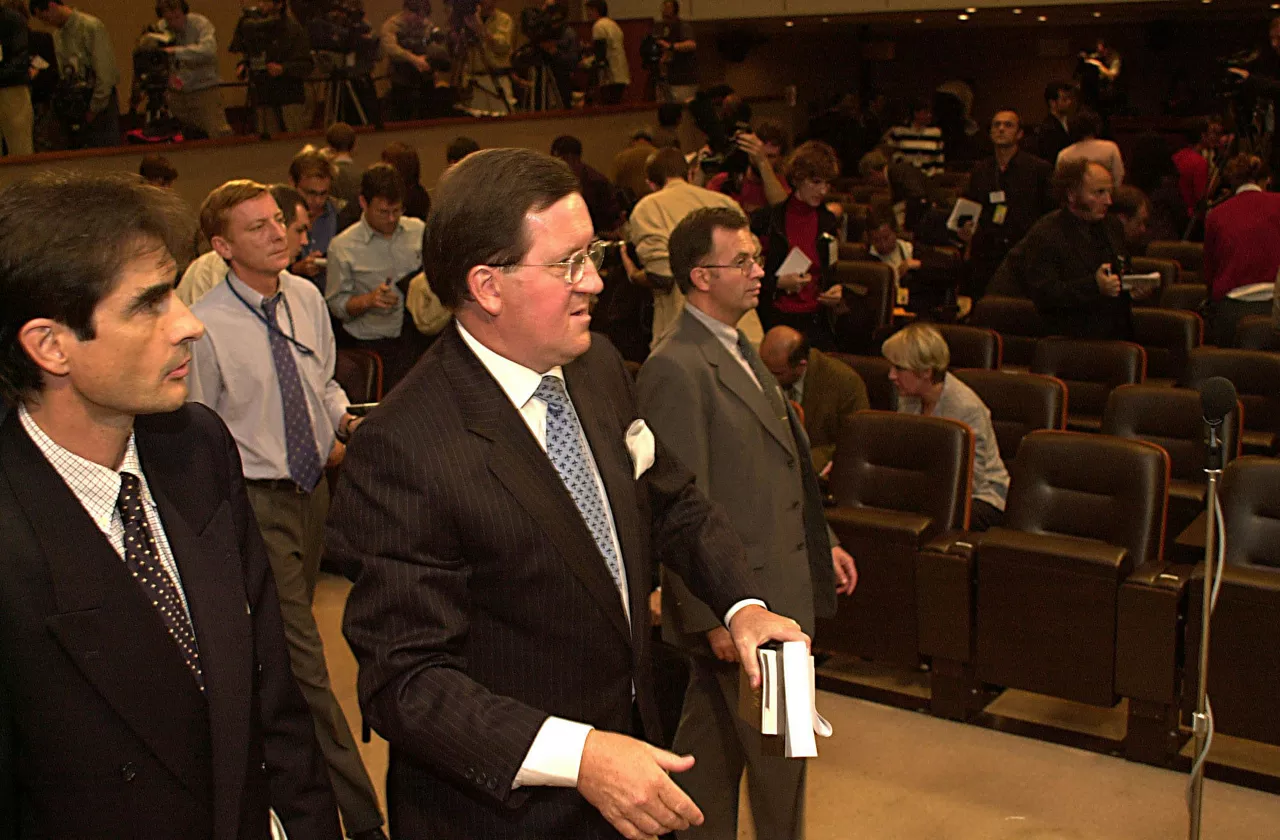 NATO Secretary General Lord Robertson at the press conference following the meeting of the North Atlantic Council