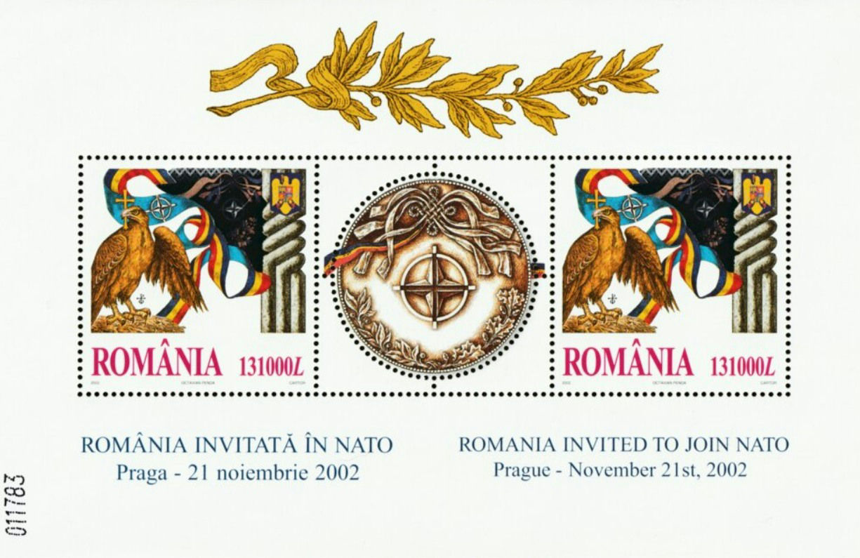2002 Romanian NATO stamp, showing a Romanian eagle and the country's coat of arms