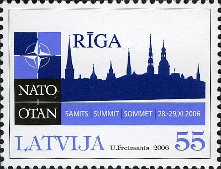 2006 Latvian NATO stamp, showing the Riga skyline