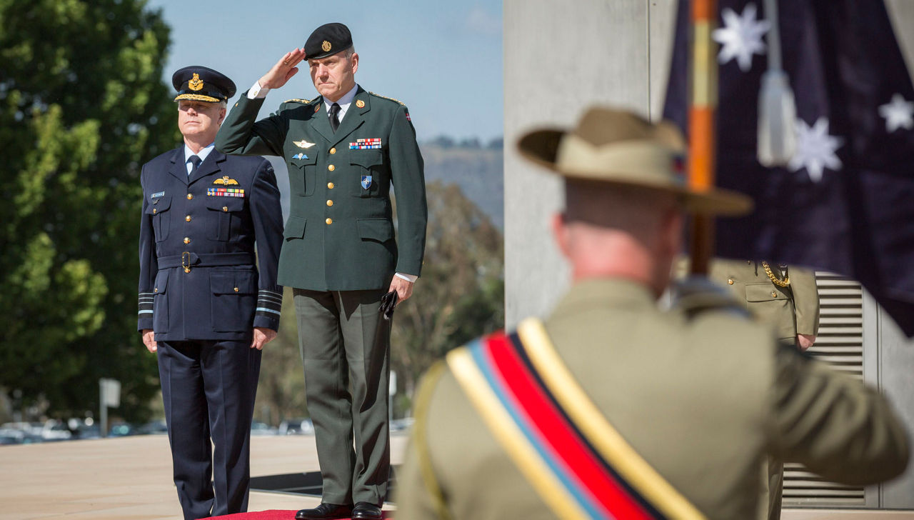 General Knud Bartels, Chairman of the NATO Military Committee is received on parade by Australia's Federation Guard during his visit to Russell Offices, Canberra. 